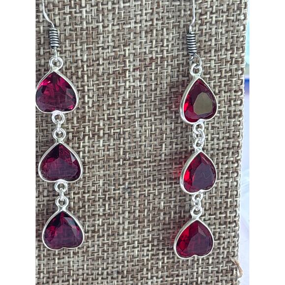 925 Sterling Garnet Dangle Heart  Earrings - Picture 1 of 5
